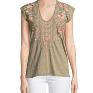 JOHNNY WAS Women’s Calida Scoop-neck Embroidered Tee Brown Size Large Floral